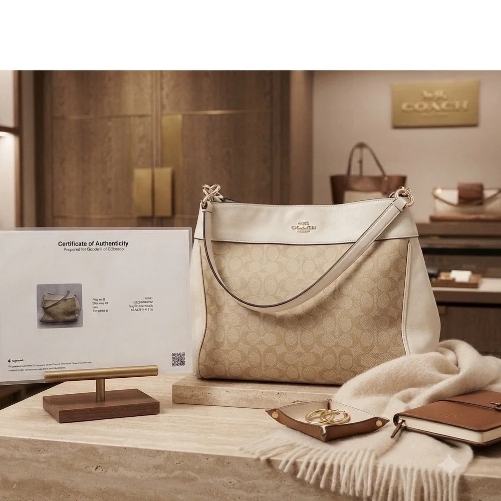 Coach Signature Jacquard Leather Hobo Bag Cream Beige Gold Hardware